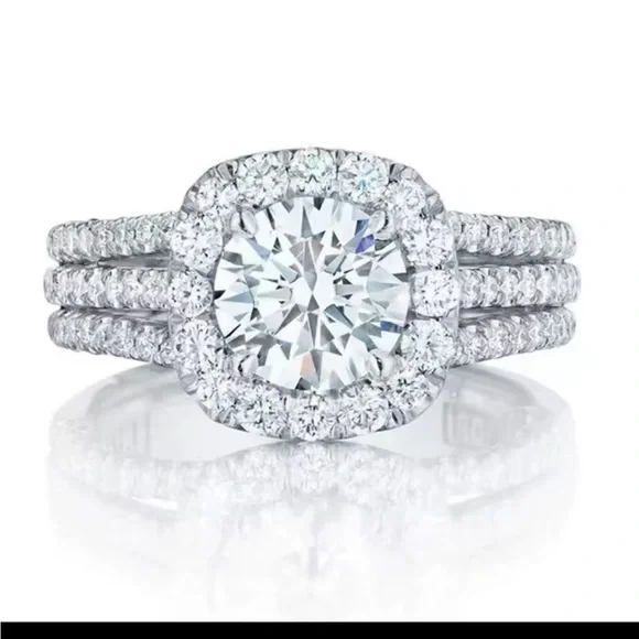 NEW! Silver Diamond Halo Ring 3 Rows Micro Pave NWT - Picture 4 of 7